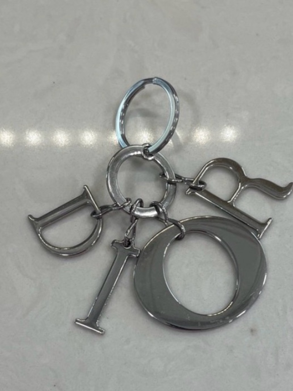 DIOR SILVER TONE METAL KEYCHAIN BAG CHARM ICONIC LOGO LETTERS